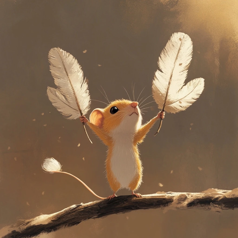 小鼠握羽毛展翅欲飞