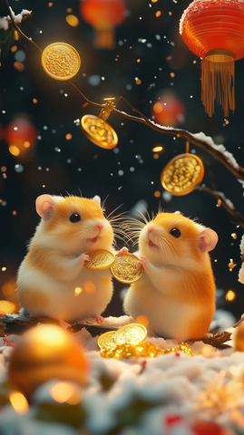 蛇年新春金仓鼠雪夜嬉戏