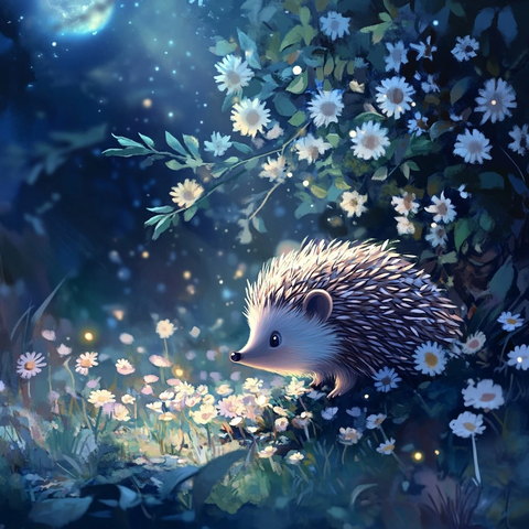 月光下的小刺猬在花丛中