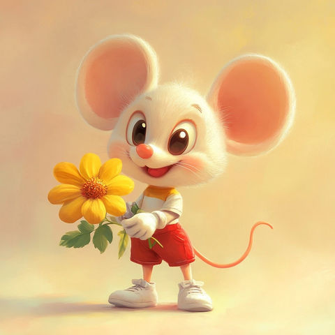 卡通老鼠手持黄菊