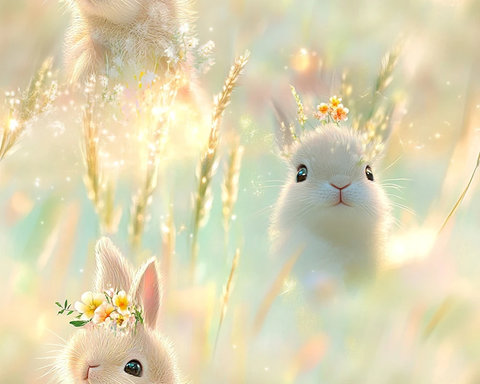 兔子耳朵戴花微笑草地