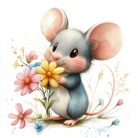 鼠标花束卡通水彩插画