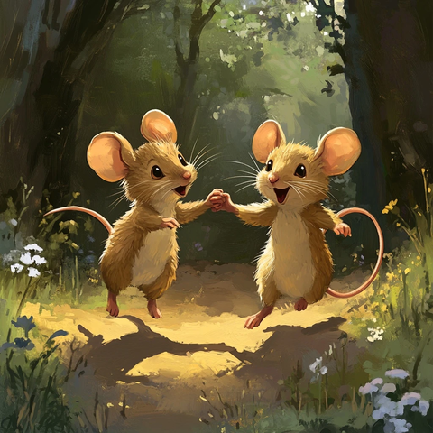 两只老鼠牵手跑进森林