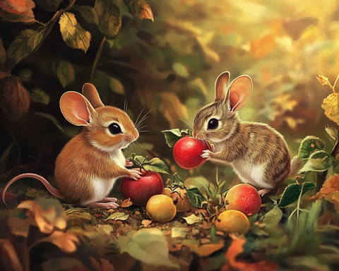 小鼠和兔子一起摘水果