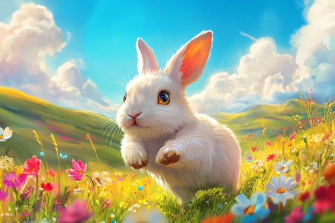 白兔跳跃多彩野花间