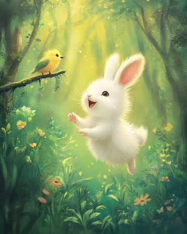 白兔跳跃森林小鸟歌唱