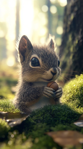 松鼠坐卧苔藓手持橡果