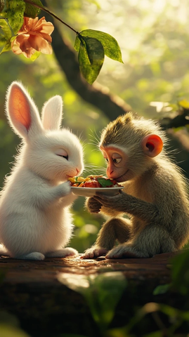 白兔与猴子森林共餐