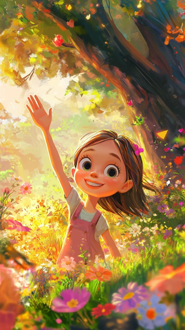 女孩花园挥手微笑