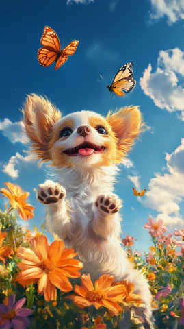 小狗玩偶花丛中玩耍