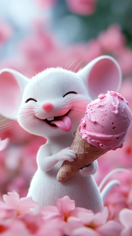 白鼠吐舌眨眼捧粉冰淇淋