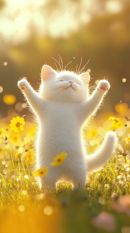 白猫跳舞迎接早晨