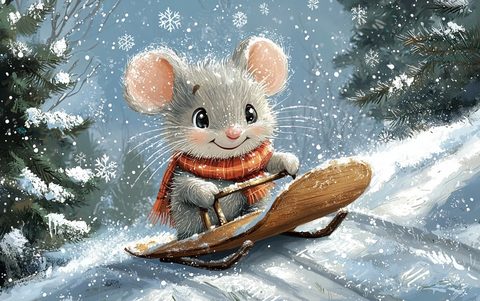 灰色老鼠骑雪橇滑下山坡