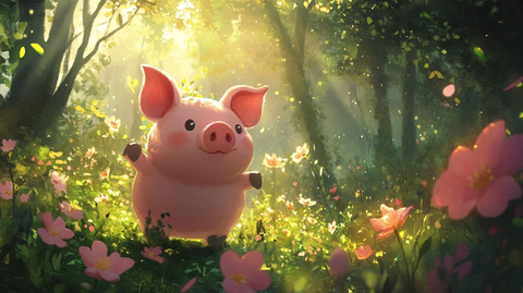 童话森林中的光滑粉红猪