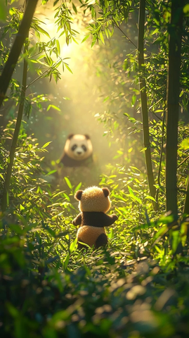 熊猫奔跑竹林日光重逢