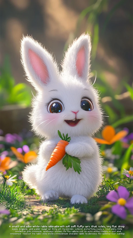 兔子持胡萝卜蹲坐花丛