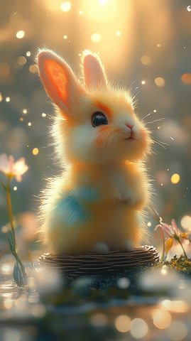 迷你兔坐藤椅花卉环绕