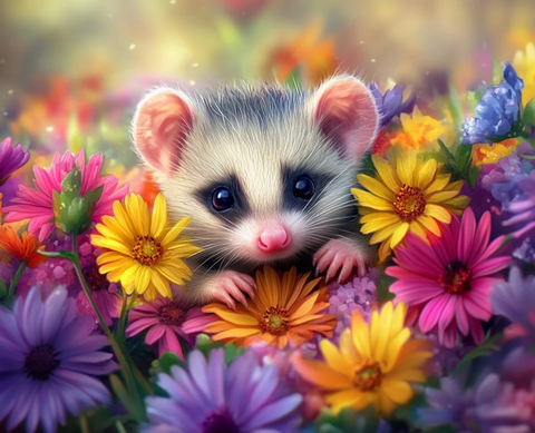 花丛中的宝宝负鼠