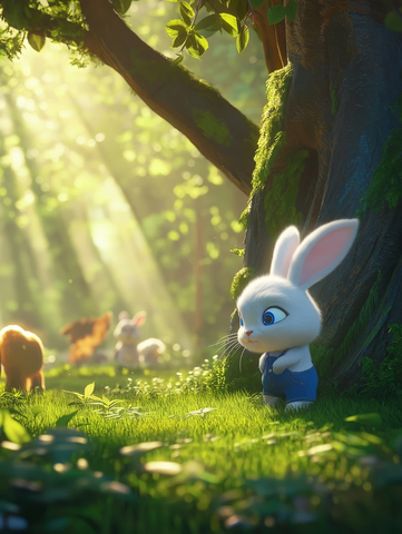 白兔独自观看动物玩耍