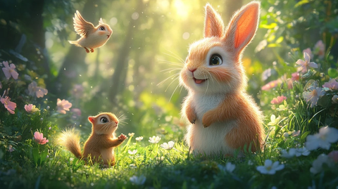 快乐兔子与森林动物嬉戏