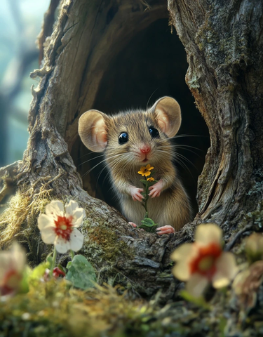 树洞中的小鼠与花朵