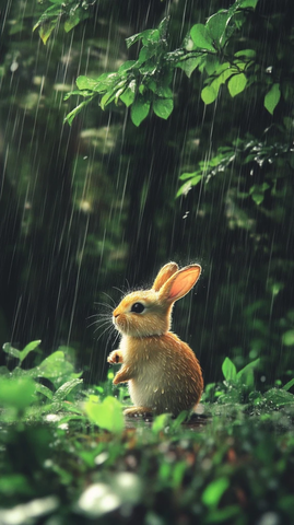 小鸡遇雨遇兔避雨
