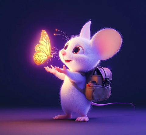 小白鼠探险家手持发光蝴蝶