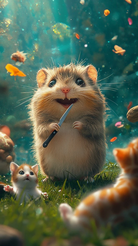 小仓鼠持刀叉与猫咪对峙