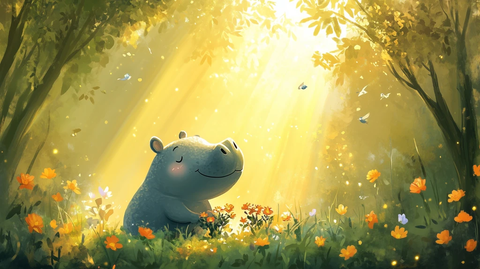 阳光森林中的爱花小河马