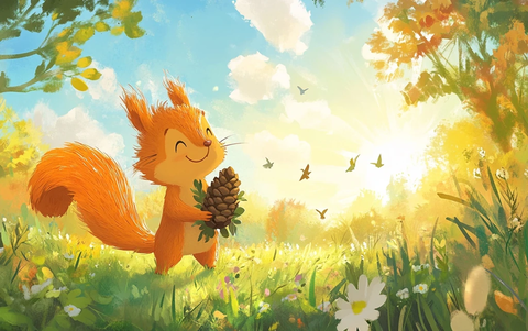 松鼠与松果漫步夕阳下