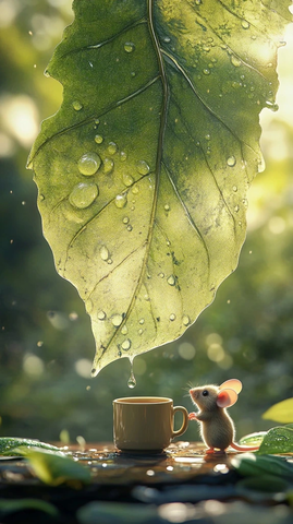 小鼠接叶滴水入杯