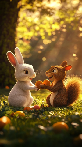 白兔松鼠分享水果欢笑