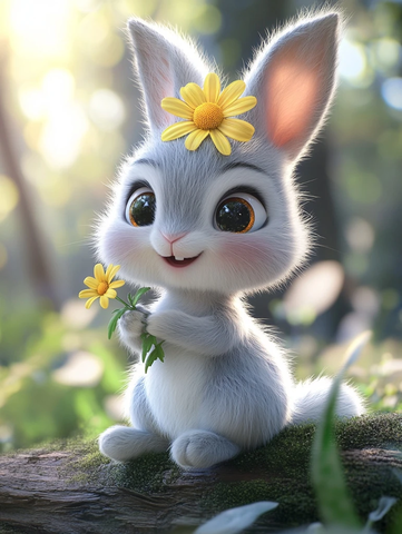 小兔子戴花帽拿小雏菊