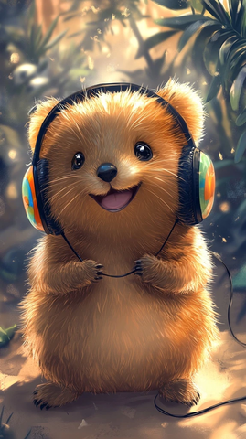 开心跳跃的考拉戴超大耳机