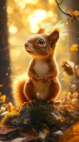 红松鼠仰望森林阳光