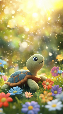 草地乌龟与彩色花朵