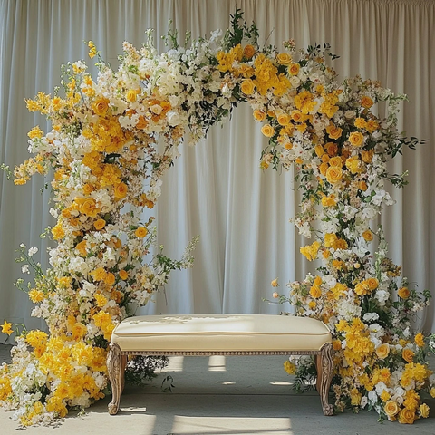 黄色白色花拱门与长椅