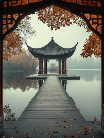 水上亭子及栈道的朦胧秋景