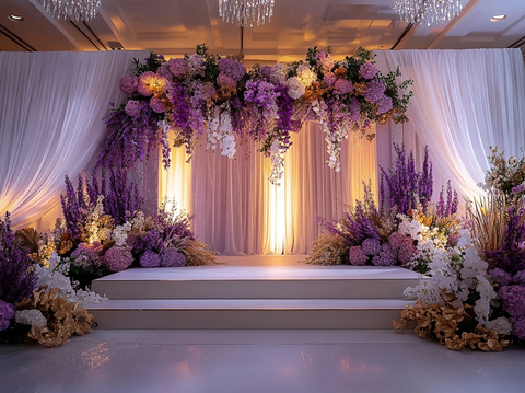 婚礼舞台装饰紫色花卉白色窗帘