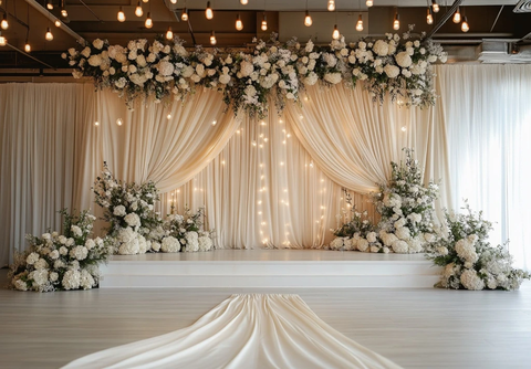 婚礼舞台背景奶油亚麻白花
