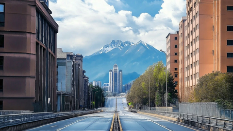 城市道路视角下的雪山远景