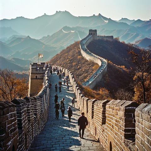 长城上有许多游客的热闹景象