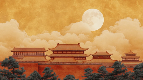 月光下古色古香的中式传统建筑风貌