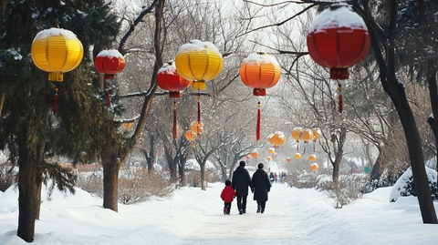 雪中灯笼下的一家人漫步在林间小道