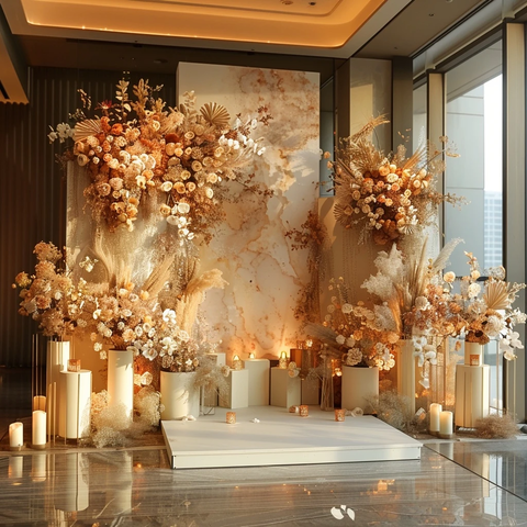 婚礼背景玫瑰金奶油色调干燥花