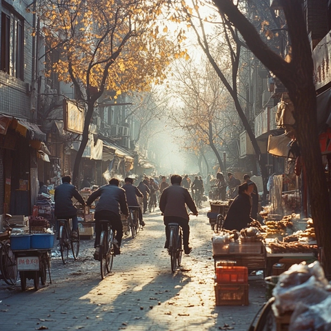 小巷中骑自行车的人群与街边的商贩