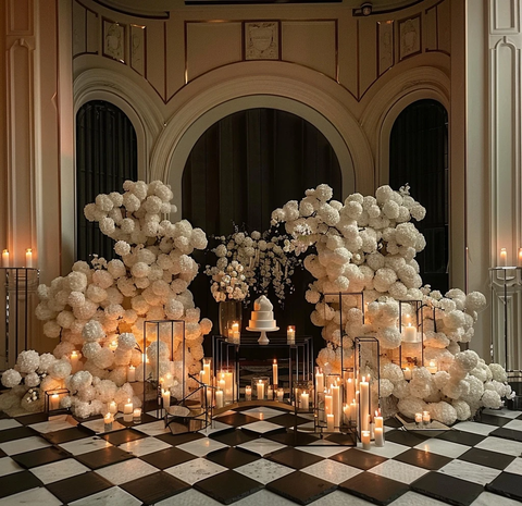 黑白格地板与白色花拱门