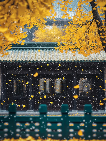 古建筑前银杏飘雪的唯美景象