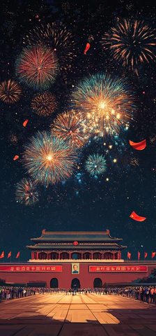 天安门夜景烟花绽放全景