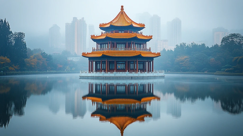 水上古典楼阁建筑的静谧之景